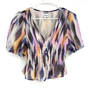 Steve Madden Peplum‎ Top Watercolor Puff Sleeve Fairy Whimsy Romantic Size Large